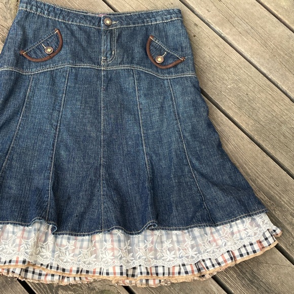 Free People Dresses & Skirts - Boho IN LOOK JEANS Skirt Denim Blue Brown Cream Plaid Lace Ruffle Size 12 EU42